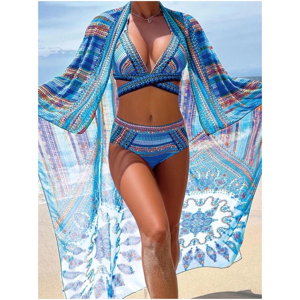 Boho Print Cut out Halter High Waisted Bikini Cover up - Picture 4 of 11